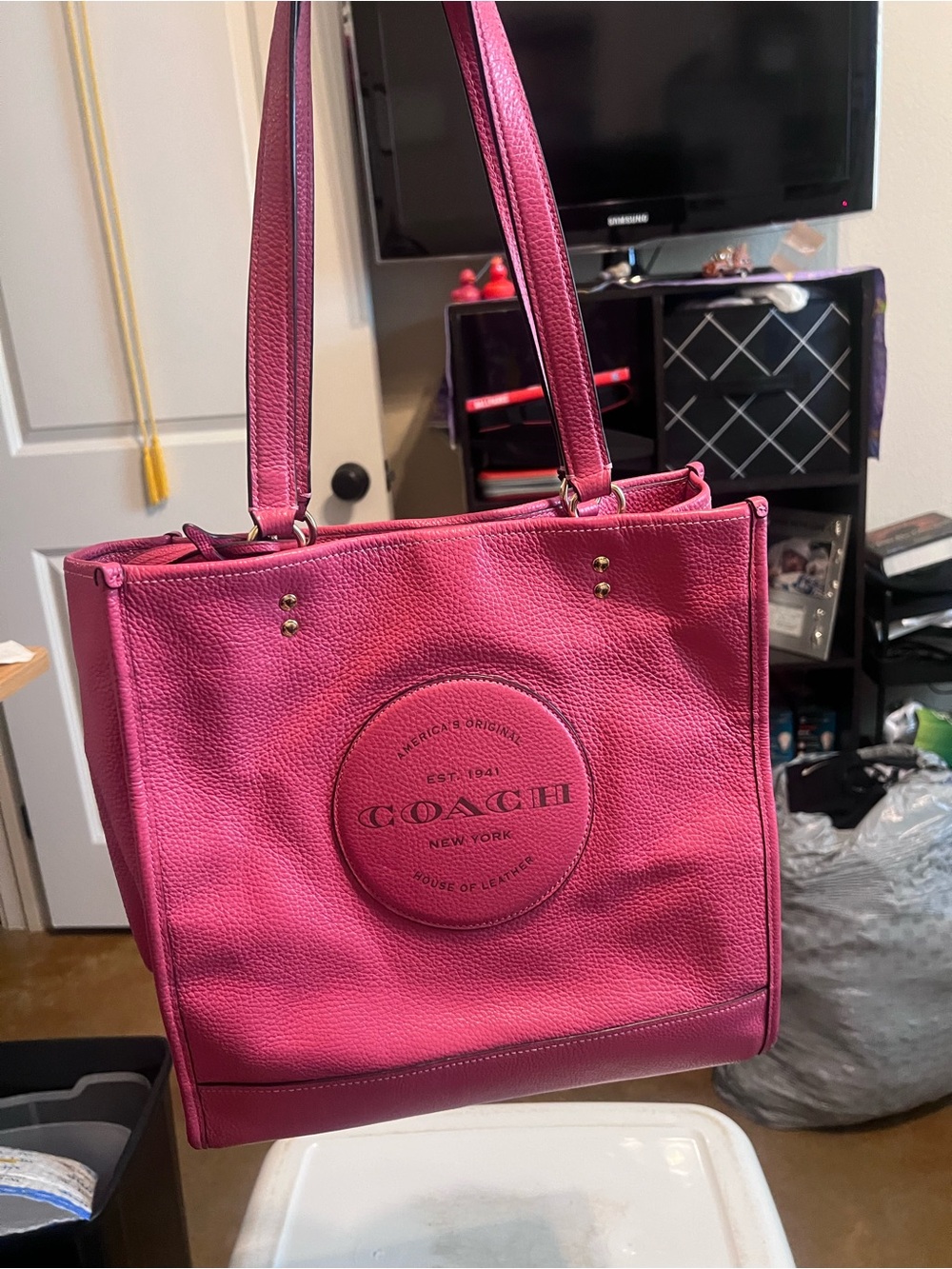 Coach Pink Pebbled Leather Tote with Embossed Logo
